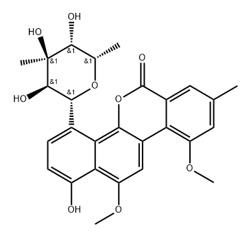 10,12-ジメトキシ-1-ヒドロキシ-8-メチル-4-(3-C-メチル-6-デオキシ-β-L-グルコピラノシル)-6H-ベンゾ[d]ナフト[1,2-b]ピラン-6-オン 化学構造式