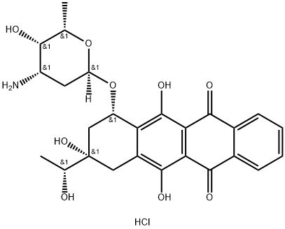 5,12-Naphthacenedione, 7-[(3-amino-2,3,6-trideoxy-α-L-lyxo-hexopyranosyl)oxy]-7,8,9,10-tetrahydro-6,9,11-trihydroxy-9-(1-hydroxyethyl)-, hydrochloride, [7S-[7α,9α,9(S*)]]- (9CI) Struktur