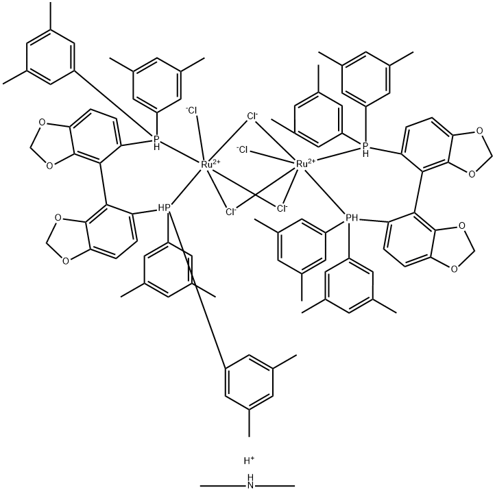 Dimethylammonium dichlorotri(chloro)bis{(R)-(+)-5,5'-bis[di(3,5-xylyl)phosphino]-4,4'-bi-1,3-benzodioxole}diruthenate(II) [NH2Me2][{RuCl((R)-dm-segphos)}2(Cl)3] Struktur
