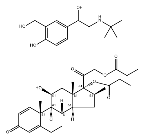 [2-[(8S,10S,11S,13S,14S,16S,17R)-9-chloro-11-hydroxy-10,13,16-trimethy l-3-oxo-17-propanoyloxy-6,7,8,11,12,14,15,16-octahydrocyclopenta[a]phe nanthren-17-yl]-2-oxo-ethyl] propanoate, 2-(hydroxymethyl)-4-[1-hydrox y-2-(tert-butylamino)ethyl]phenol|