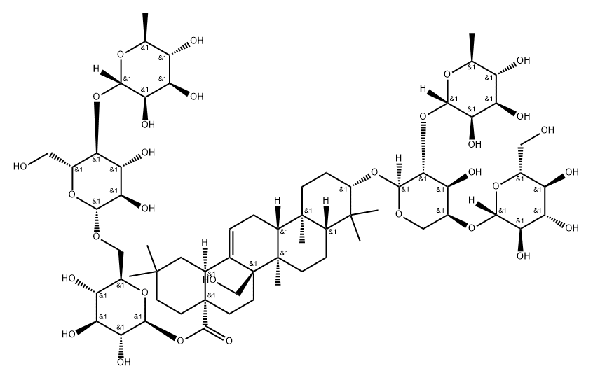 Olean-12-en-28-oic acid, 3-[(O-6-deoxy-α-L-mannopyranosyl-(1→2)-O-[β-D-glucopyranosyl-(1→4)]-α-L-arabinopyranosyl)oxy]-27-hydroxy-, O-6-deoxy-α-L-mannopyranosyl-(1→4)-O-β-D-glucopyranosyl-(1→6)-β-D-glucopyranosyl ester, (3β)- Structure