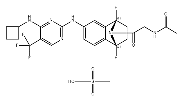 N-[2-[(1R,4S)-6-[[4-(环丁基氨基)-5-(三氟甲基)-2-嘧啶基]氨基]-1,2,3,4-四氢萘-1,4-亚氨-9-基]-2-氧代乙基]乙酰胺甲磺酸盐 (1:1), 942487-63-0, 结构式