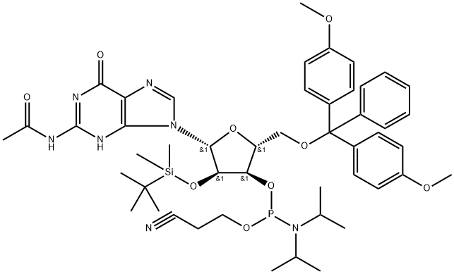 N-乙酰基-5'-O-[二(4-甲氧基苯基)苯基甲基]-2'-O-[(叔丁基)二甲基硅烷基]鸟苷 3'-[2-氰基乙基 N,N-二(异丙基)氨基亚磷酸酯],944138-03-8,结构式