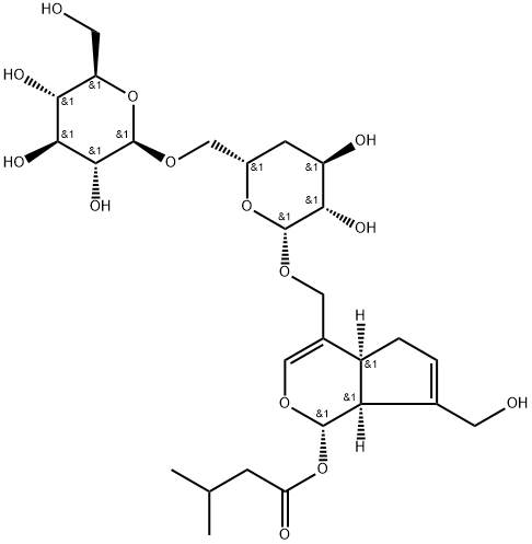 [(1S)-1,4aα,5,7aα-Tetrahydro-7-(hydroxymethyl)-1α-(3-methyl-1-oxobutoxy)cyclopenta[c]pyran-4-yl]methyl 6-O-β-D-glucopyranosyl-4-deoxy-β-D-arabino-hexopyranoside Struktur
