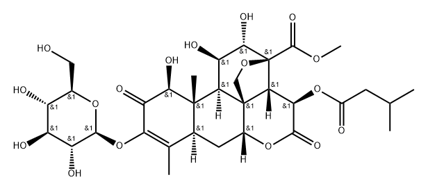Picras-3-en-21-oic acid, 13,20-epoxy-3-(β-D-glucopyranosyloxy)-1,11,12-trihydroxy-15-(3-methyl-1-oxobutoxy)-2,16-dioxo-, methyl ester, (1β,11β,12α,15β)- Structure