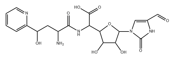 5-[[2-アミノ-4-ヒドロキシ-1-オキソ-4-(2-ピリジニル)ブチル]アミノ]-1-(4-ホルミル-2,3-ジヒドロ-2-オキソ-1H-イミダゾール-1-イル)-1,5-ジデオキシ-β-D-アロフラヌロン酸 化学構造式
