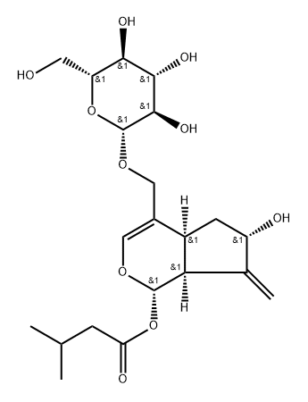 (1S)-4-[[(β-D-Glucopyranosyl)oxy]methyl]-1,4aα,5,6,7,7aα-hexahydro-6α-hydroxy-7-methylenecyclopenta[c]pyran-1α-yl=isovalerate Struktur