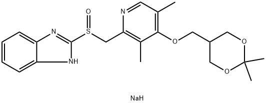 1H-Benzimidazole, 2-[(R)-[[4-[(2,2-dimethyl-1,3-dioxan-5-yl)methoxy]-3,5-dimethyl-2-pyridinyl]methyl]sulfinyl]-, sodium salt (1:1) Struktur