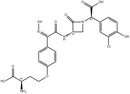(3S,αR)-3-[[[4-[(R)-3-アミノ-3-カルボキシプロポキシ]フェニル][(Z)-ヒドロキシイミノ]アセチル]アミノ]-α-(3-クロロ-4-ヒドロキシフェニル)-2-オキソ-1-アゼチジン酢酸 化学構造式