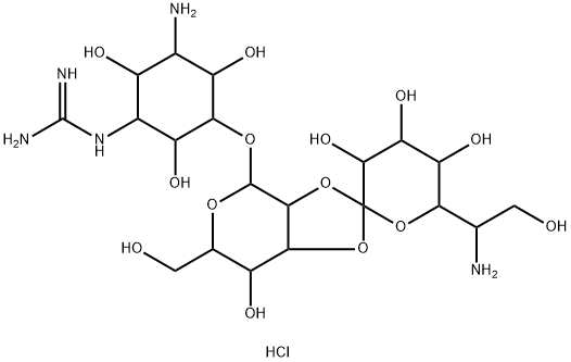 5-O-[2-O,3-O-(6-アミノ-1,6-ジデオキシ-L-glycero-D-galacto-ヘプトピラノース-1-イリデン)-β-D-タロピラノシル]-N1-アミジノ-D-ストレプタミン・三塩酸塩 化学構造式