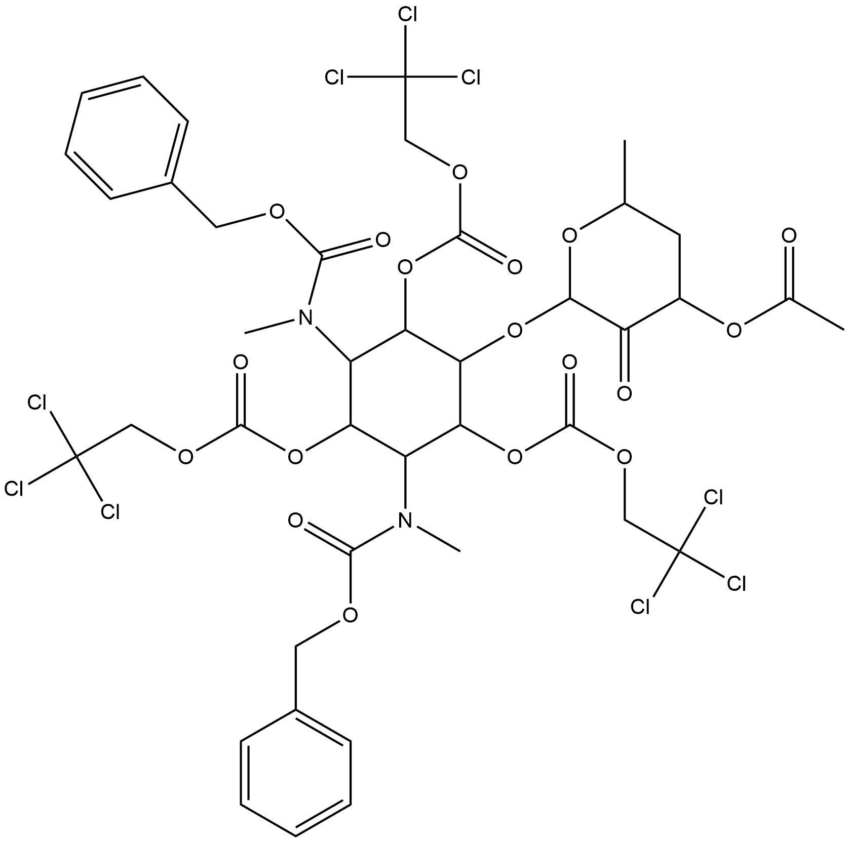 myo-Inositol, 5-O-(3-O-acetyl-4,6-dideoxy-β-D-erythro-hexopyranos-2-ulos-1-yl)-1,3-dideoxy-1,3-bis[methyl[(phenylmethoxy)carbonyl]amino]-, 2,4,6-tris(2,2,2-trichloroethyl carbonate) (9CI)