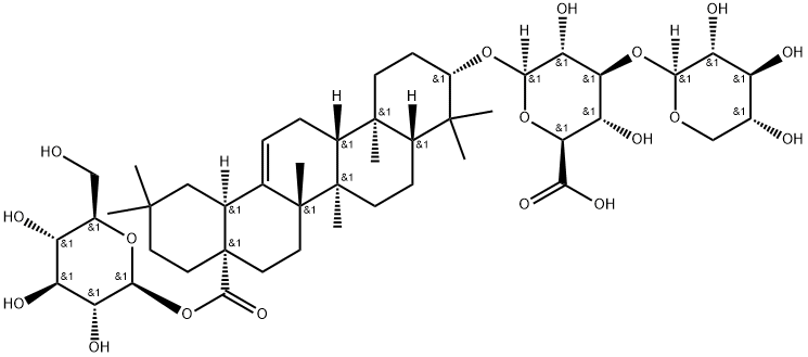 [28-(β-D-グルコピラノシルオキシ)-28-オキソオレアナ-12-エン-3β-イル]3-O-β-D-キシロピラノシル-β-D-グルコピラノシドウロン酸 化学構造式