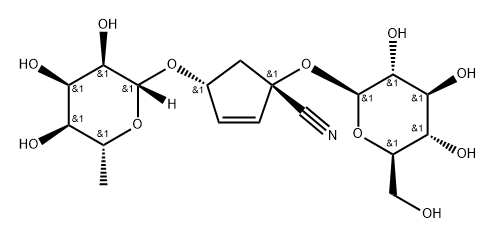 (1S,4R)-1-(β-D-グルコピラノシルオキシ)-4-(6-デオキシ-β-D-アロピラノシルオキシ)-2-シクロペンテン-1-カルボニトリル 化学構造式