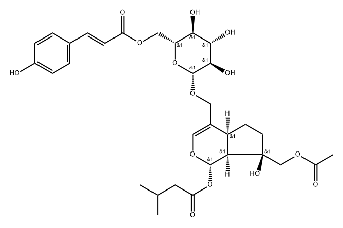 (-)-[(1S)-7α-Acetyloxymethyl-1,4aα,5,6,7,7aα-hexahydro-7β-hydroxy-1α-(3-methyl-1-oxobutoxy)cyclopenta[c]pyran-4-yl]methyl 6-O-[[(E)-2-(4-hydroxyphenyl)ethenyl]carbonyl]-β-D-glucopyranoside Struktur
