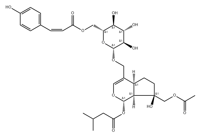 (-)-[(1S)-7α-[(Acetyloxy)methyl]-1,4aα,5,6,7,7aα-hexahydro-7β-hydroxy-1α-(3-methyl-1-oxobutoxy)cyclopenta[c]pyran-4-yl]methyl 6-O-[[(Z)-2-(4-hydroxyphenyl)ethenyl]carbonyl]-β-D-glucopyranoside 结构式
