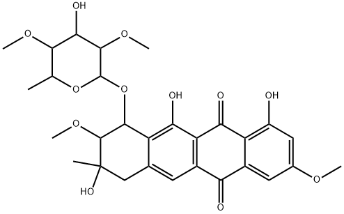 5,12-Naphthacenedione, 10-((6-deoxy-2,4-di-O-methyl-alpha-L-mannopyran osyl)oxy)-7,8,9,10-tetrahydro-1,8,11-trihydroxy-3,9-dimethoxy-8-methyl - 结构式