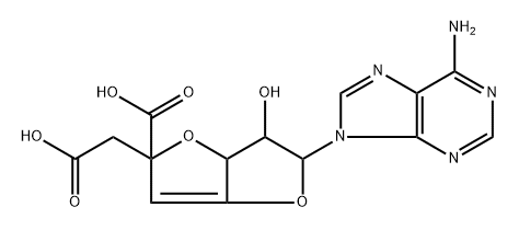 1-(6-アミノ-9H-プリン-9-イル)-3,6-アンヒドロ-6-C-カルボキシ-1,5,7-トリデオキシ-β-D-ribo-4-オクテノフラヌロン酸 化学構造式