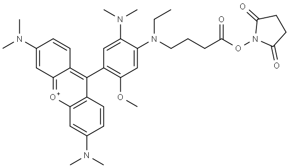 Xanthylium, 3,6-bis(dimethylamino)-9-[5-(dimethylamino)-4-[[4-[(2,5-dioxo-1-pyrrolidinyl)oxy]-4-oxobutyl]ethylamino]-2-methoxyphenyl]- Structure