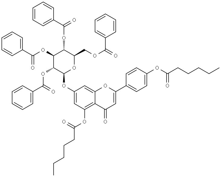 Hexanoic acid, 4-oxo-2-[4-[(1-oxohexyl)oxy]phenyl]-7-[(2,3,4,6-tetra-O-benzoyl-β-D-glucopyranosyl)oxy]-4H-1-benzopyran-5-yl ester Struktur