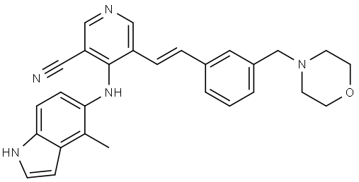 1160921-57-2 (E)-4-(4-methyl-1H-indol-5-ylamino)-5-(3-(morpholinomethyl)styryl)nicotinonitrile