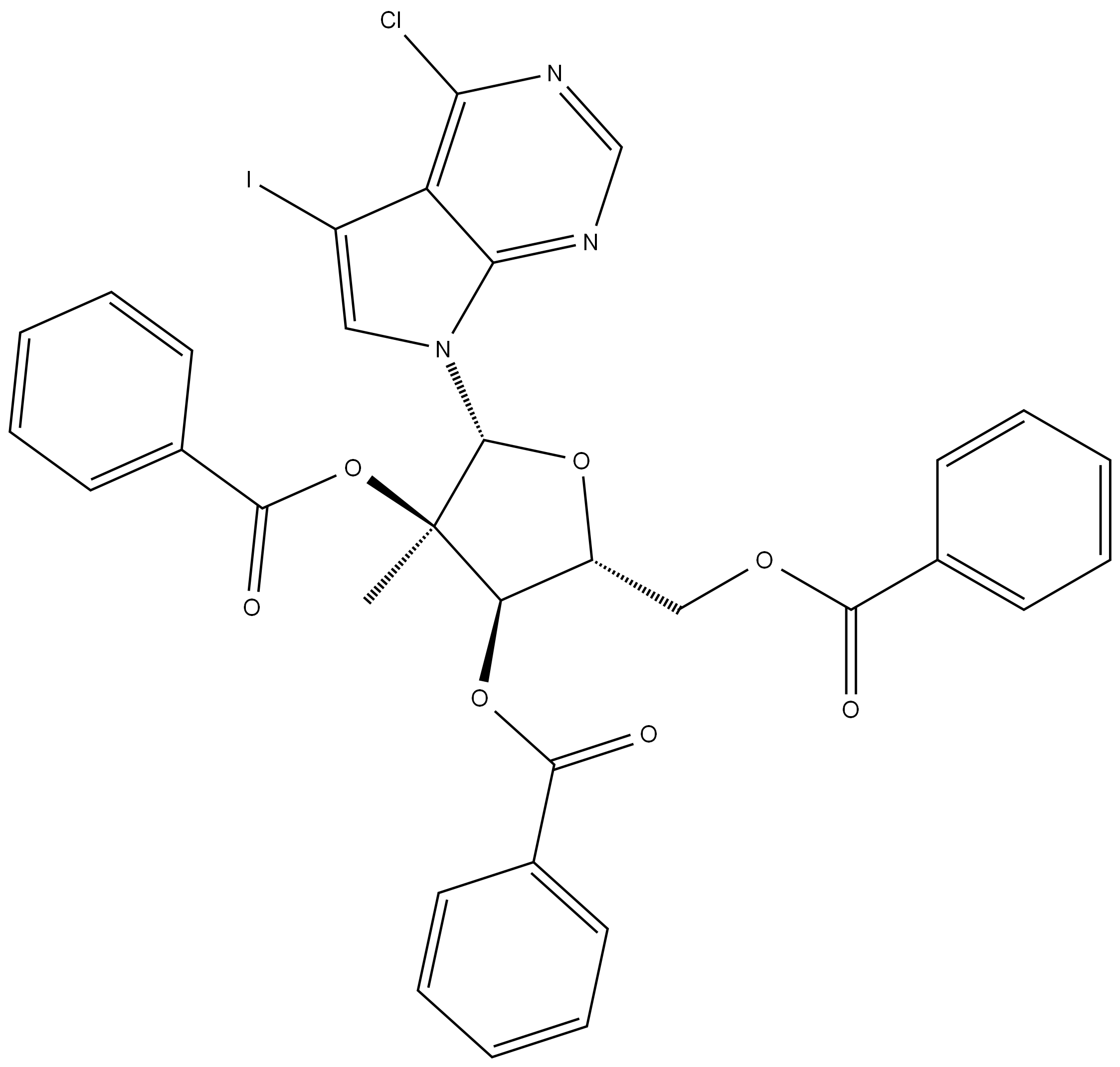 7H-Pyrrolo[2,3-d]pyrimidine, 4-chloro-5-iodo-7-(2,3,5-tri-O-benzoyl-2-C-methyl-β-D-ribofuranosyl) Structure