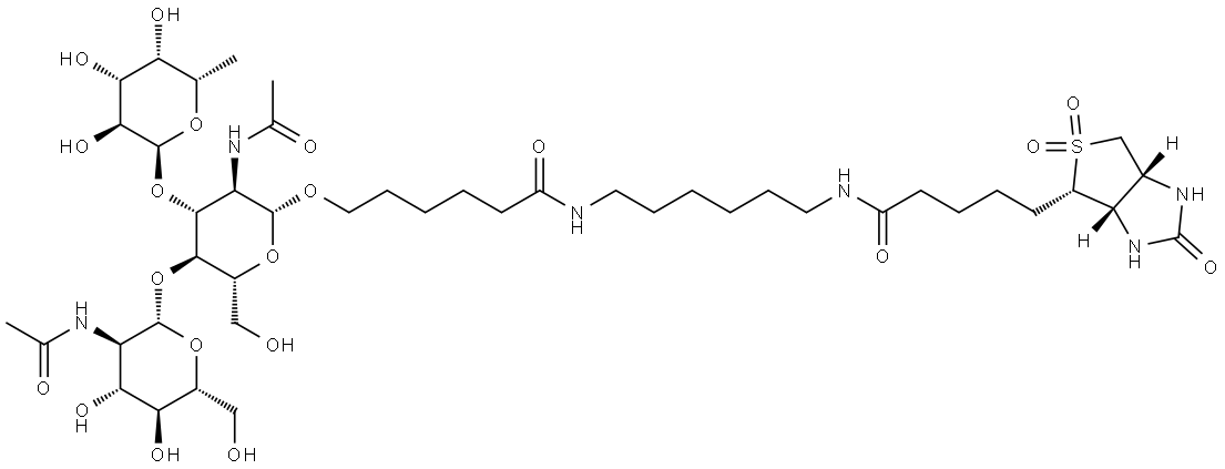 (3aS,4S,6aR)-N-[6-[[6-[[O-2-(acetylamino)-2-deoxy-β-D-glucopyranosyl-(1→4)-O-[6-deoxy-α-L-galactopyranosyl-(1→3)]-2-(acetylamino)-2-deoxy-β-D-glucopyranosyl]oxy]-1-oxohexyl]amino]hexyl]hexahydro-2-oxo-1H-Thieno[3,4-d]imidazole-4-pentanamide 5,5-dioxide Structure