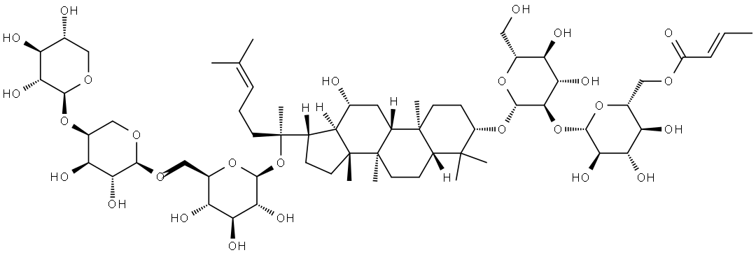 β-D-Glucopyranoside, (3β,12β)-12-hydroxy-3-[[2-O-[6-O-[(2E)-1-oxo-2-buten-1-yl]-β-D-glucopyranosyl]-β-D-glucopyranosyl]oxy]dammar-24-en-20-yl O-β-D-xylopyranosyl-(1→4)-O-α-L-arabinopyranosyl-(1→6)- Struktur