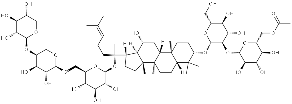 β-D-Glucopyranoside, (3β,12β)-3-[[2-O-(6-O-acetyl-β-D-glucopyranosyl)-β-D-glucopyranosyl]oxy]-12-hydroxydammar-24-en-20-yl O-β-D-xylopyranosyl-(1→4)-O-α-L-arabinopyranosyl-(1→6)- Struktur