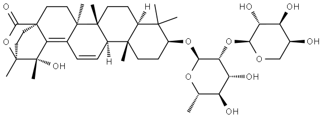 Ursa-11,13(18)-dien-28-oic acid, 3-[(2-O-α-L-arabinopyranosyl-6-deoxy-α-L-mannopyranosyl)oxy]-19,20-dihydroxy-, δ-lactone, (3β)- Structure