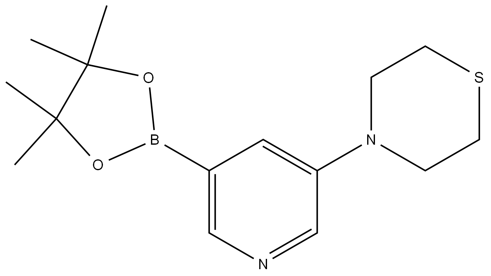 4-[5-(4,4,5,5-Tetramethyl-1,3,2-dioxaborolan-2-yl)-3-pyridinyl]thiomorpholine 结构式