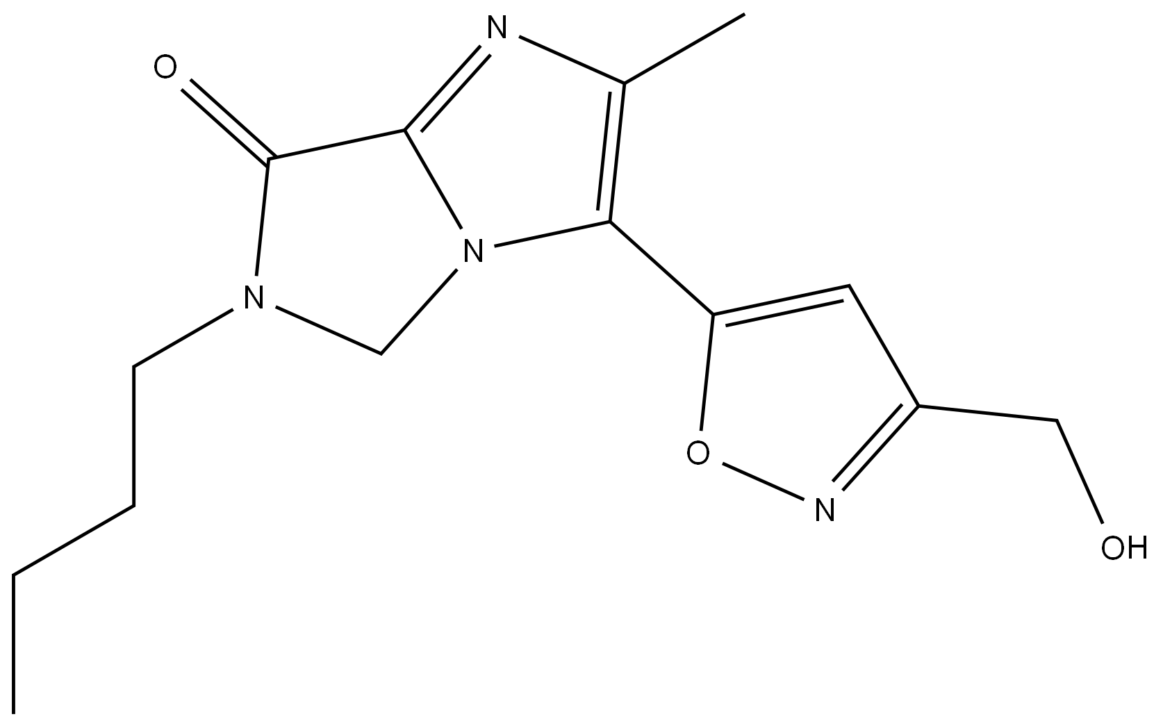 6-butyl-3-(3-(hydroxymethyl)isoxazol-5-yl)-2-methyl-5,6-dihydro-7H-imidazo[1,5-a]imidazol-7-one 结构式