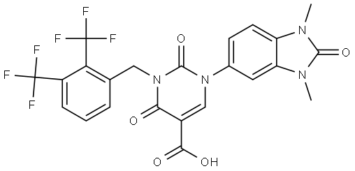 3-(2,3-bis(trifluoromethyl)benzyl)-1-(1,3-dimethyl-2-oxo-2,3-dihydro-1H-benzo[d]imidazol-5-yl)-2,4-dioxo-1,2,3,4-tetrahydropyrimidine-5-carboxylic acid Struktur