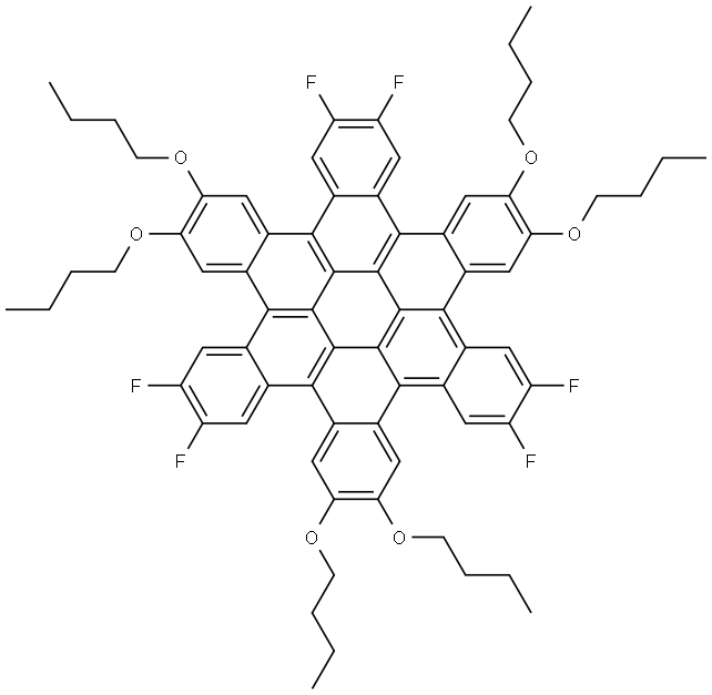 2,3,10,11,18,19-hexabutoxy-6,7,14,15,22,23-hexafluorotrinaphtho[1,2,3,4-fgh:1',2',3',4'-pqr:1'',2'',3'',4''-za1b1]trinaphthylene 化学構造式