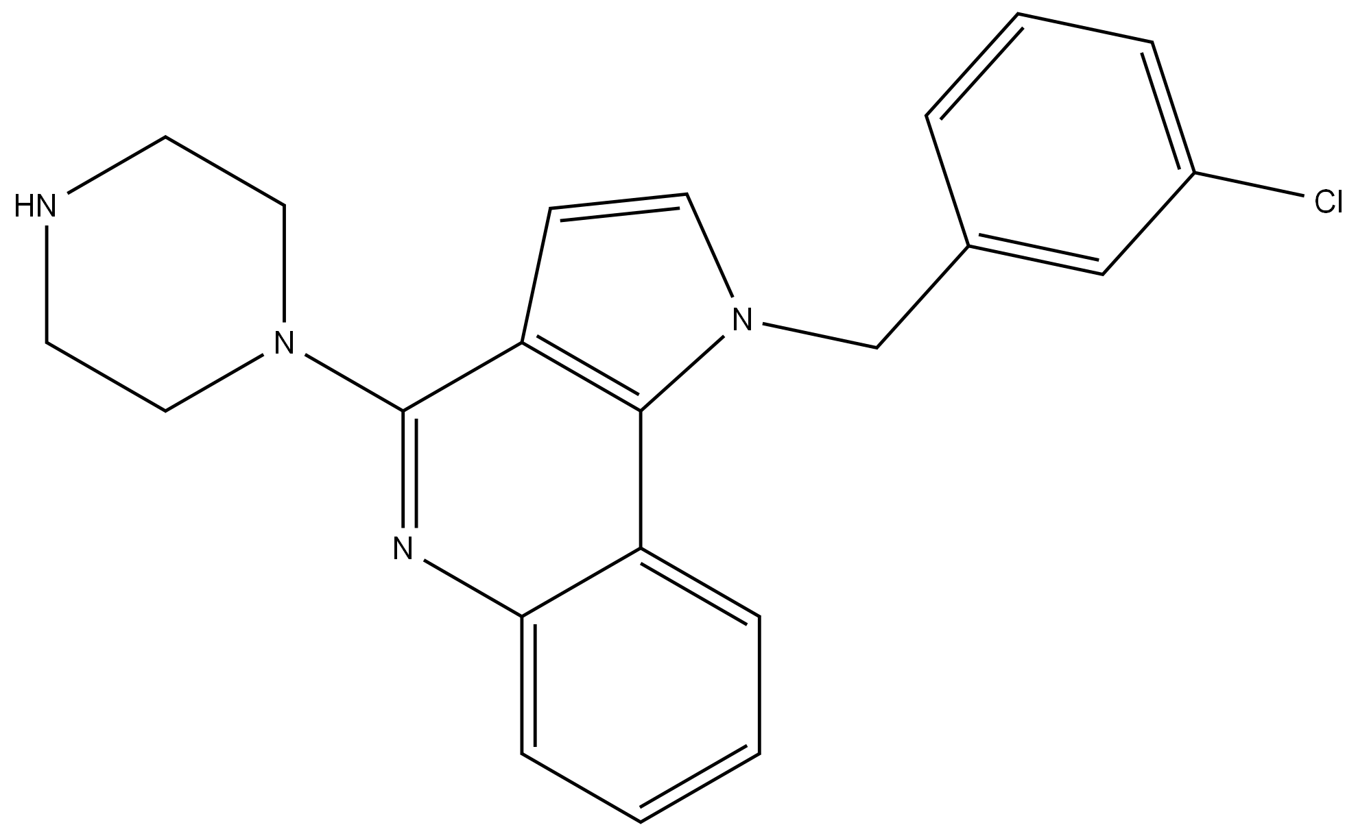 1H-Pyrrolo[3,2-c]quinoline, 1-[(3-chlorophenyl)methyl]-4-(1-piperazinyl)- Structure
