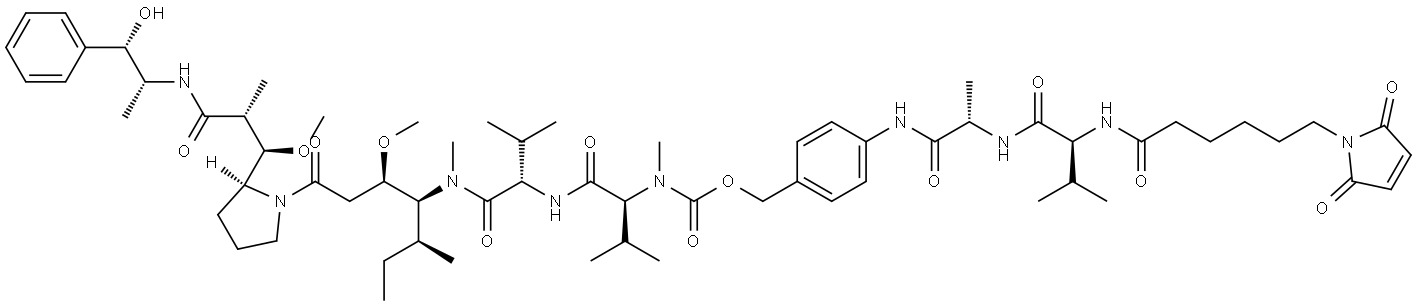 4-((S)-2-((S)-2-(6-(2,5-Dioxo-2,5-dihydro-1H-pyrrol-1-yl)hexanamido)-3-methylbutanamido)propanamido)benzyl ((S)-1-(((S)-1-(((3R,4S,5S)-1-((S)-2-((1R,2R)-3-(((1S,2R)-1-hydroxy-1-phenylpropan-2-yl)amino)-1-methoxy-2-methyl-3-oxopropyl)pyrrolidin-1-yl)-3-methoxy-5-methyl-1-oxoheptan-4-yl)(methyl)amino)-3-methyl-1-oxobutan-2-yl)amino)-3-methyl-1-oxobutan-2-yl)(methyl)carbamate Structure