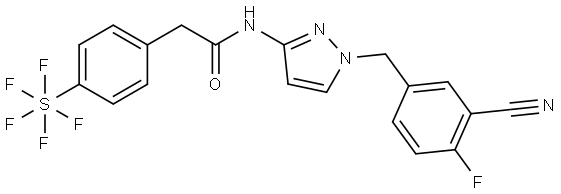 Sulfur, [4-[2-[[1-[(3-cyano-4-fluorophenyl)methyl]-1H-pyrazol-3-yl]amino]-2-oxoethyl]phenyl]pentafluoro-, (OC-6-21)- Structure
