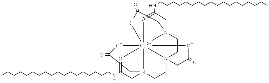 Gadolinium, [6,9-bis[(carboxy-κO)methyl]-3-[2-(octadecylamino)-2-(oxo-κO)ethyl]-11-(oxo-κO)-3,6,9,12-tetraazatriacontanoato(3-)-κN3,κN6,κN9,κO1]- Struktur