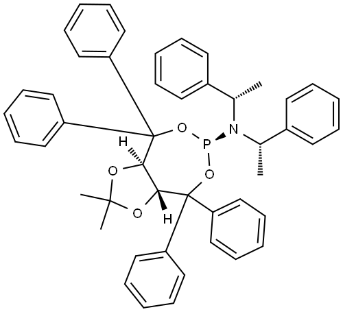 (1R,7R)-4-{(S,S)-[bis(1-phenylethyl)]amino}-9,9-dimethyl-2,2,6,6-tetraphenyl-3,5,8,10-tetraoxa-4-phosphabicyclo[5.3.0]decane 结构式