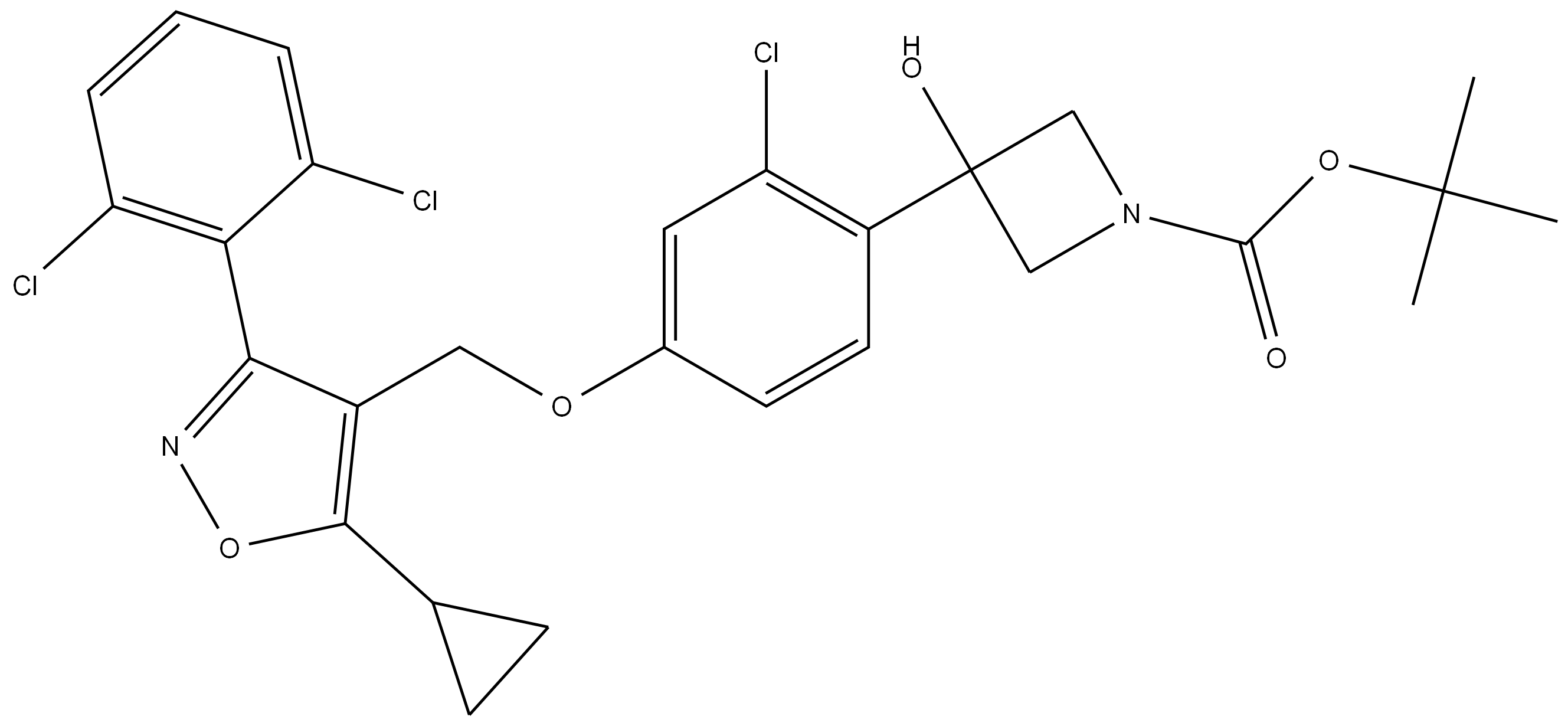 tert-butyl 3-(2-chloro-4-((5-cyclopropyl-3-(2,6-dichlorophenyl)isoxazol-4-yl)methoxy)phenyl)-3-hydroxyazetidine-1-carboxylate,2166106-08-5,结构式