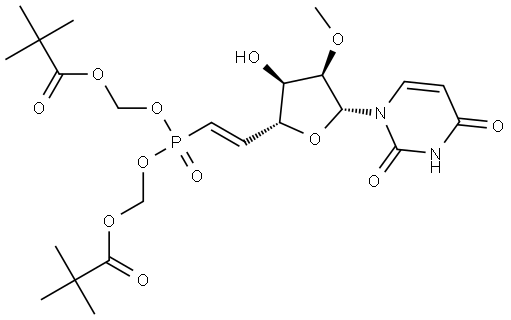 2,4(1H,3H)-Pyrimidinedione, 1-[(5E)-6-[bis[(2,2-dimethyl-1-oxopropoxy)methoxy]phosphinyl]-5,6-dideoxy-2-O-methyl-β-D-ribo-hex-5-enofuranosyl]- Structure