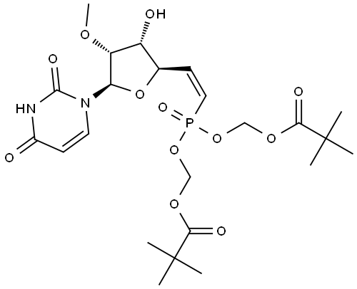 1-[(5Z)-6-[Bis[(2,2-dimethyl-1-oxopropoxy)methoxy]phosphinyl]-5,6-dideoxy-2-O-methyl-β-D-ribo-hex-5-enofuranosyl]-2,4(1H,3H)-pyrimidinedione Structure
