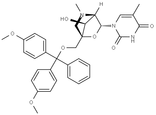2,4(1H,3H)-Pyrimidinedione, 1-[(1R,3R,4R,7S)-1-[[bis(4-methoxyphenyl)phenylmethoxy]methyl]-7-hydroxy-5-methyl-2-oxa-5-azabicyclo[2.2.1]hept-3-yl]-5-methyl- 结构式