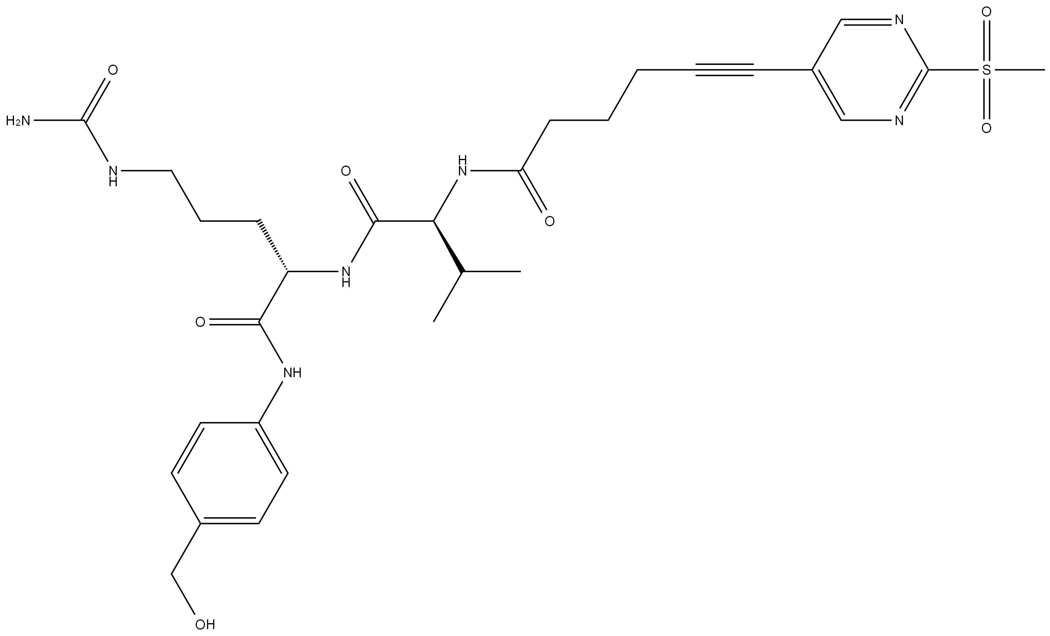 6-(2-(methylsulfonyl)pyrimidin-5-yl)hex-5-ynoic-Val-Cit-PAB Structure