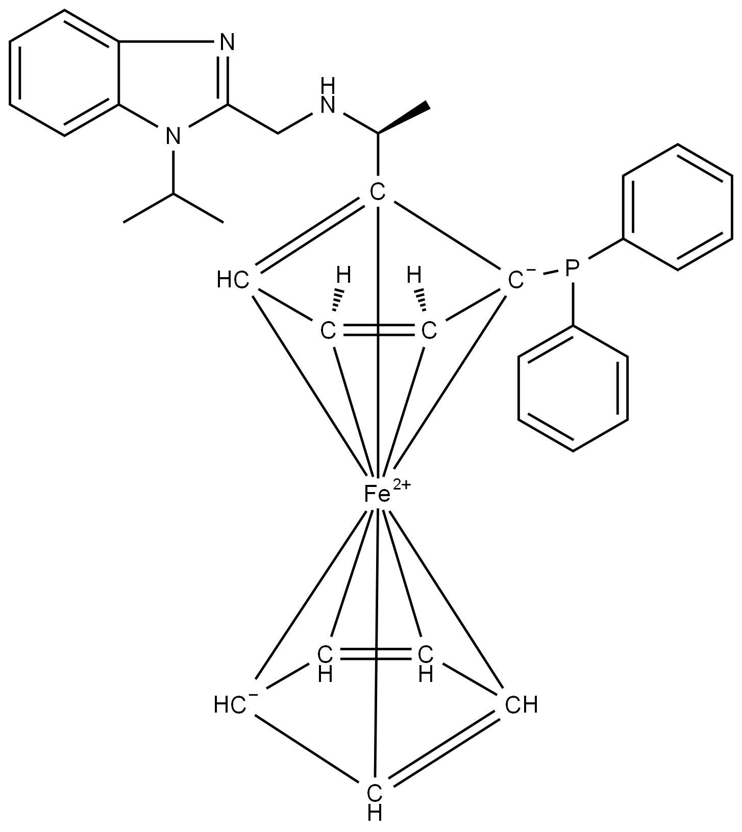 (1S)-1-(Diphenylphosphino)-2-[(1S)-1-[[[1-(1-methylethyl)-1H-benzimidazol-2-yl]methyl]amino]ethyl]ferrocene Structure