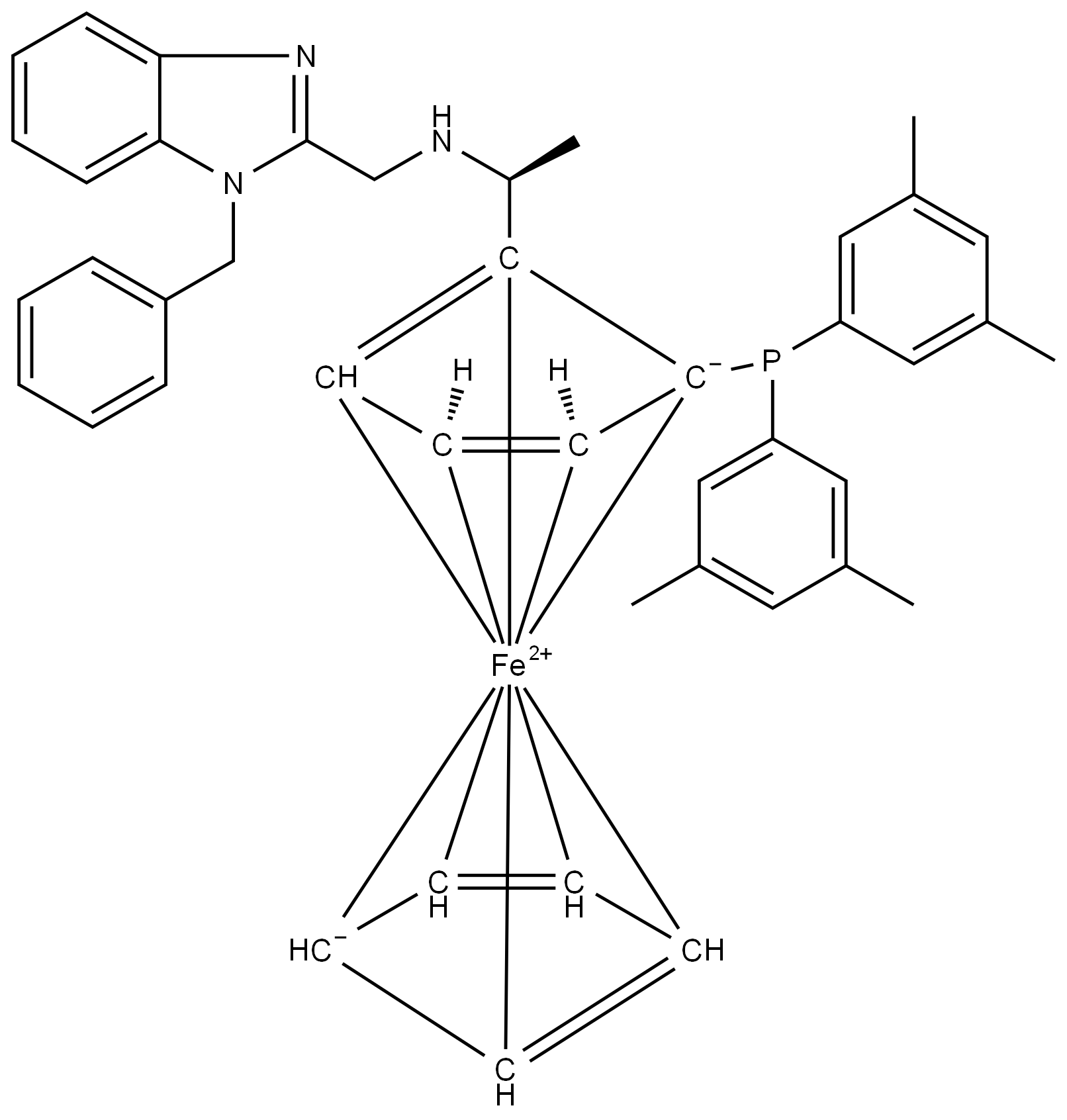 (1S)-1-[Bis(3,5-dimethylphenyl)phosphino]-2-[(1S)-1-[[[1-(phenylmethyl)-1H-benzimidazol-2-yl]methyl]amino]ethyl]ferrocene Structure