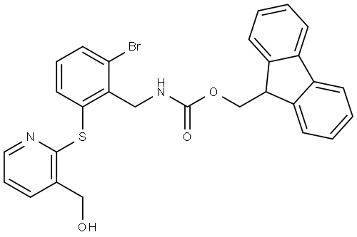 (9H-fluoren-9-yl)methyl (2-bromo-6-((3-(hydroxymethyl)pyridin-2-yl)thio)benzyl)carbamate 结构式