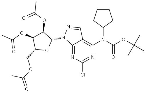 Carbamic acid, N-[6-chloro-1-(2,3,5-tri-O-acetyl-β-D-ribofuranosyl)-1H-pyrazolo[3,4-d]pyrimidin-4-yl]-N-cyclopentyl-, 1,1-dimethylethyl ester Struktur