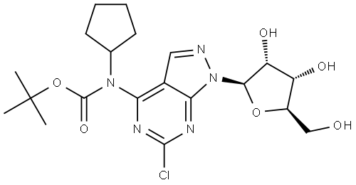 tert-butyl(6-chloro-1-((2R,3R,4S,5R)-3,4-dihydroxy-5-(hydroxymethyl)tetrahydrofuran-2-yl)-1H-pyrazolo[3,4-d]pyrimidin-4-yl)(cyclopentyl)carbamate Struktur