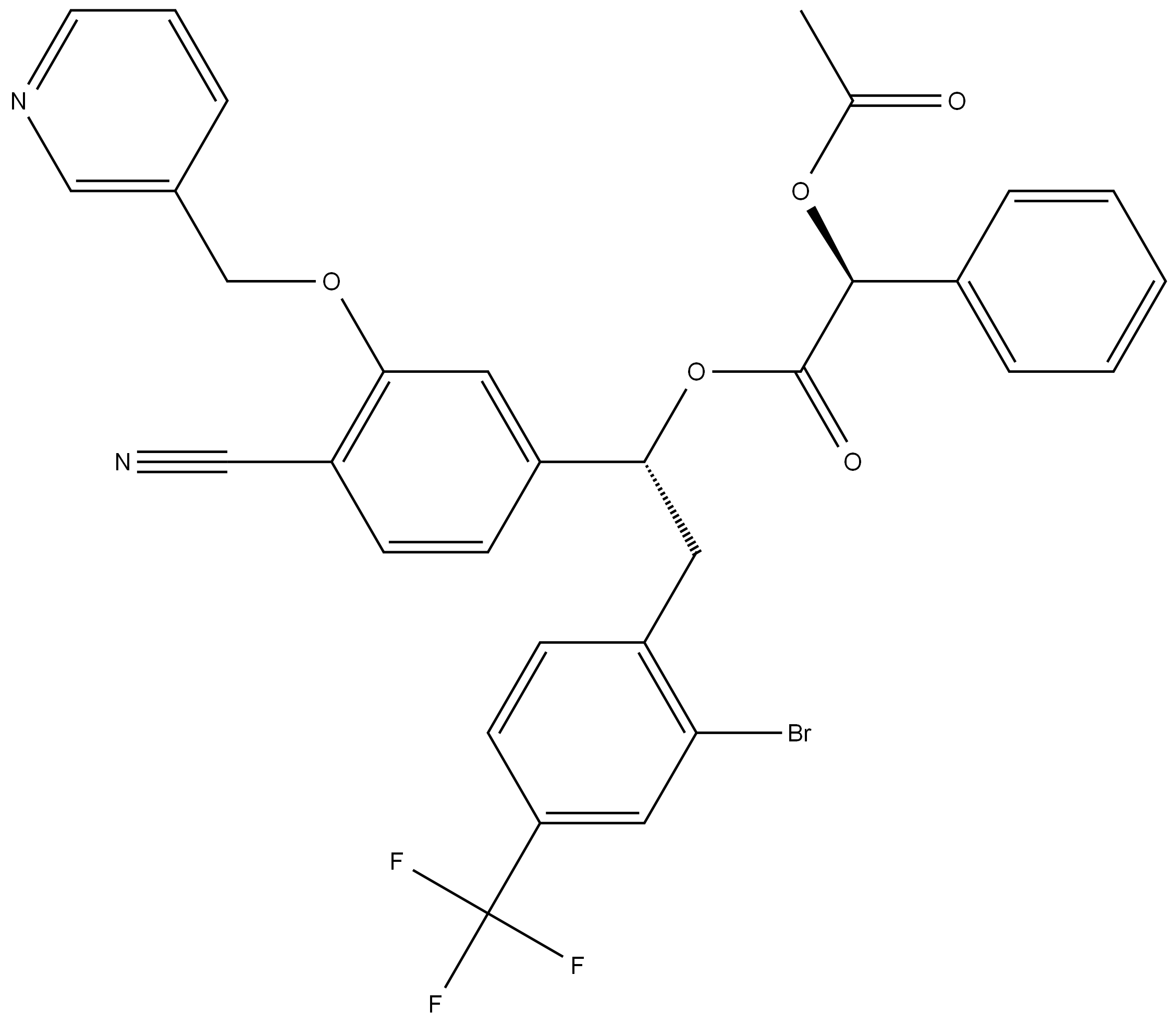 (R)-2-(2-bromo-4-(trifluoromethyl)phenyl)-1-(4-cyano-3-(pyridin-3-ylmethoxy)phenyl)ethyl (S)-2-acetoxy-2-phenylacetate 结构式