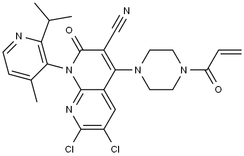 1,8-Naphthyridine-3-carbonitrile, 6,7-dichloro-1,2-dihydro-1-[4-methyl-2-(1-methylethyl)-3-pyridinyl]-2-oxo-4-[4-(1-oxo-2-propen-1-yl)-1-piperazinyl]-|